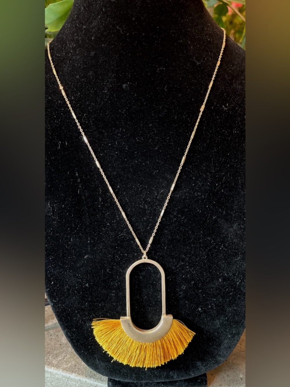 Gold-Tone Oval Pendant Necklace with Yellow Tassel Fringe